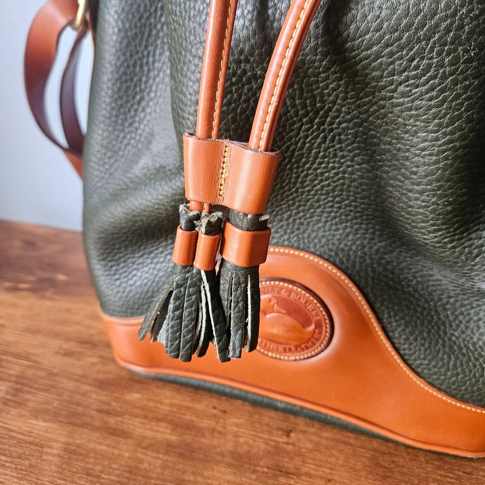 Dooney & Bourke Vintage 90s All Weather Leather Bucket Bag Green Tan Drawstring - Picture 3 of 11